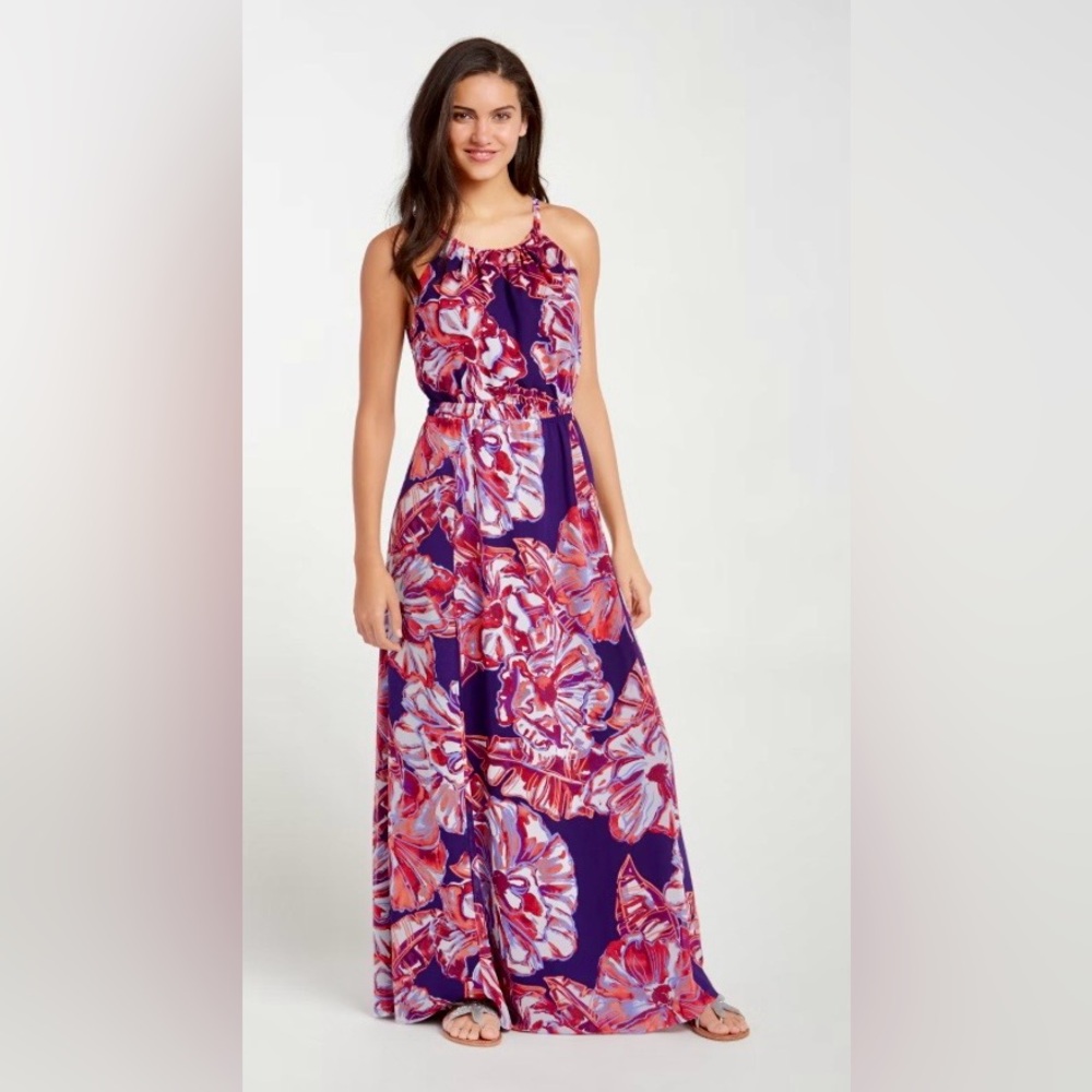 Tommy Bahama Purple and Red Brushstroke Blooms Maxi Dress Size Large